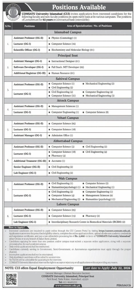 COMSATS University Jobs 2026 Advertisement